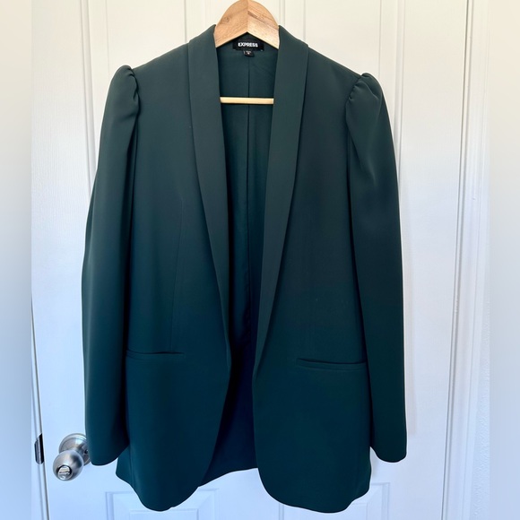 Long Puff Sleeve Boyfriend Blazer - Dark Green Size Medium - Picture 2 of 8